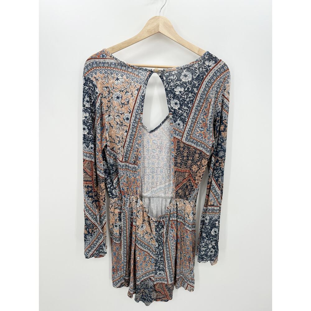 Earthbound Trading Co Blue Tan Floral Long Sleeve Romper Open Back Boho Women XL - Picture 2 of 9